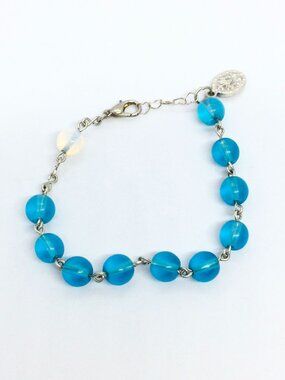 VINTAGE CATHOLIC ROSARY Bracelet Blue Acrylic Beads Medal Charm Adjustable